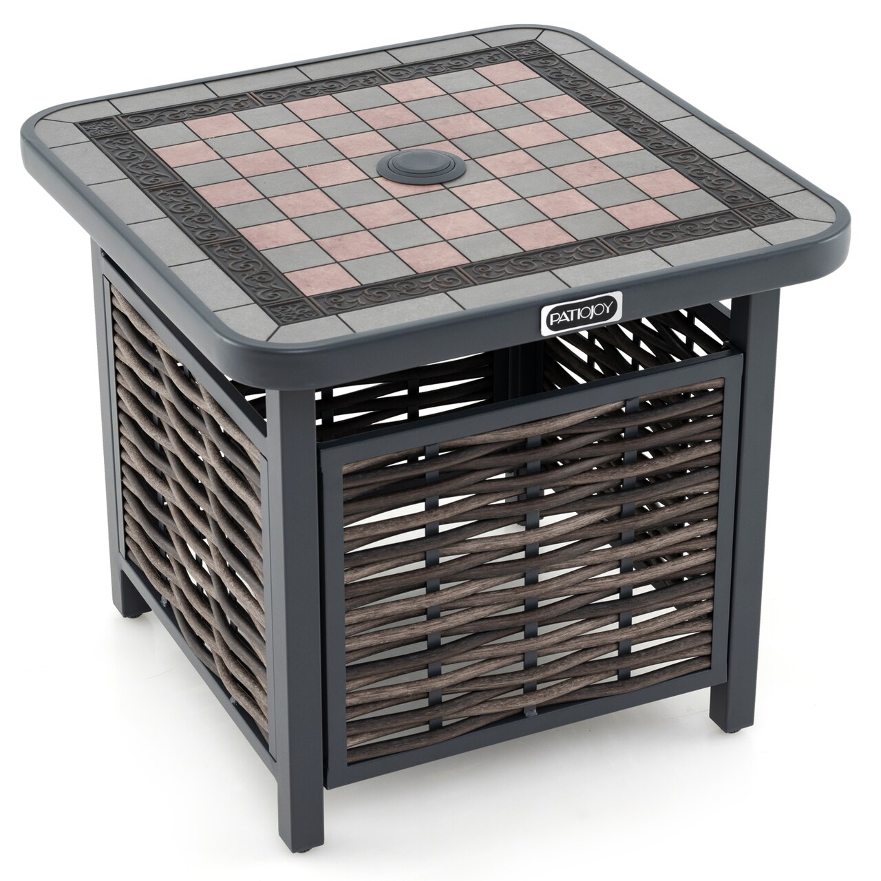 Patio Side Table 21.5 Inch Square PE Rattan Resin Metal Black Brown